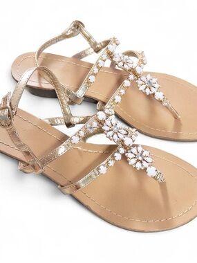 Nicole Gold Rhinestone Embellished T-Strap Sandals Women’s Size 8